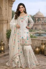 White Color Jimmy Choo Fabric Pearl Work Sharara Set