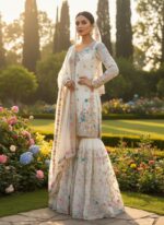 White Color Jimmy Choo Fabric Pearl Work Sharara Set