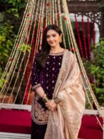 Wine Color Viscose Velvet Fabric Pearl Work Palazzo Suit