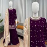 Wine Color Viscose Velvet Fabric Pearl Work Palazzo Suit