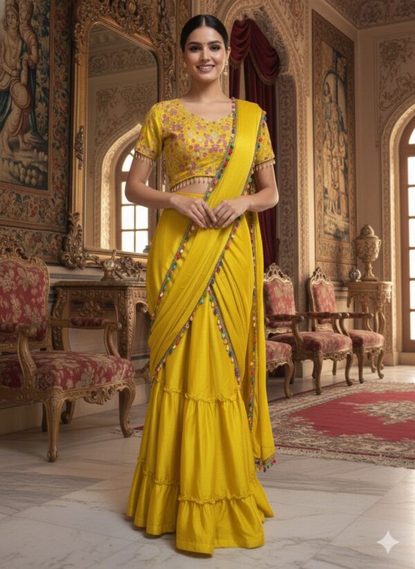 Yellow Color Chinon Silk Fabric Ruffle Style Lehenga Saree