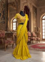 Yellow Color Chinon Silk Fabric Ruffle Style Lehenga Saree