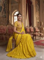 Yellow Color Chinon Silk Fabric Ruffle Style Lehenga Saree