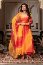 Yellow Color Faux Georgette Fabric Digital Print Bandhani Anarkali Suit
