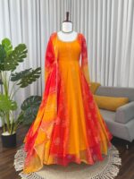 Yellow Color Faux Georgette Fabric Digital Print Bandhani Anarkali Suit