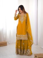 Yellow Color Faux Georgette Fabric Sequence And Thread With Pearl Work Sharara Set