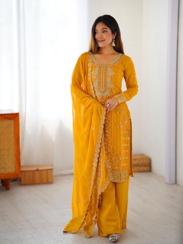 Yellow Color Faux Georgette Fabric Sequence Work Palazzo Suit