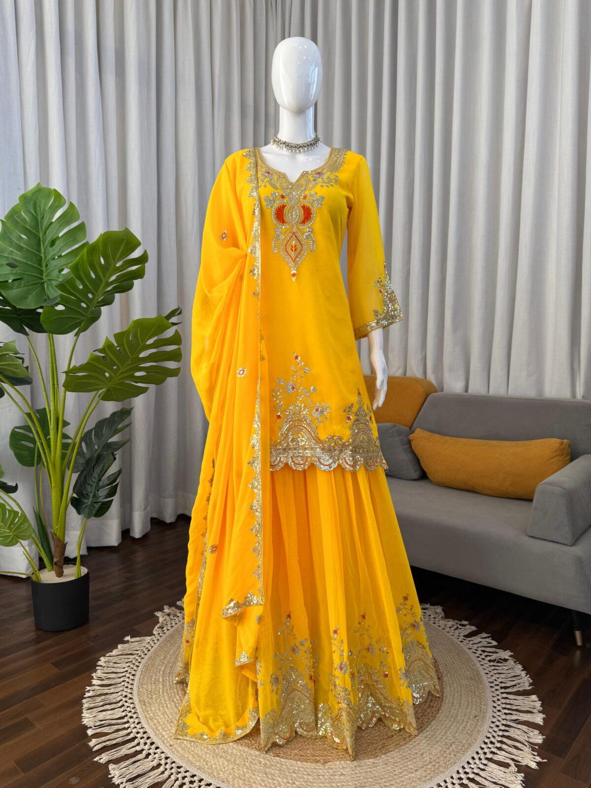 Yellow Color Faux Georgette Fabric Sequence Work Sharara Set