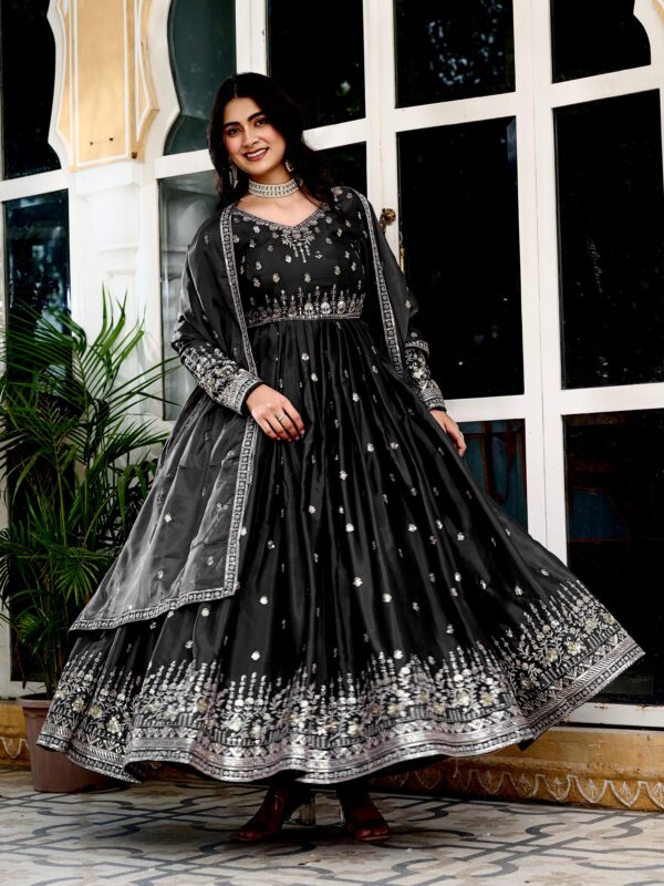Black Color American Silk Fabric Sequence Work Gown