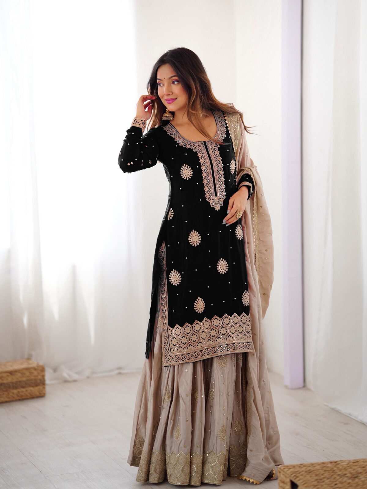 Black Color Chinon Silk Fabric Pearl Work Sharara Suit