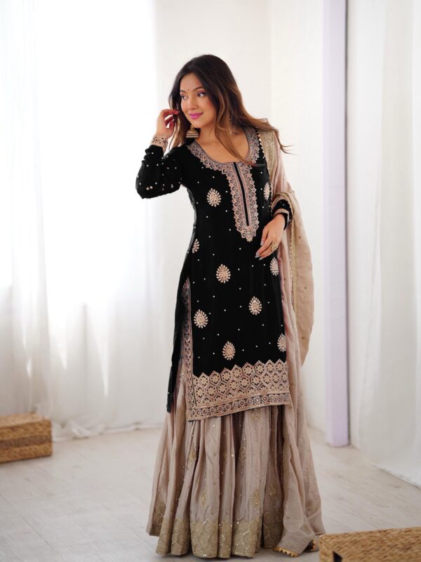 Black Color Chinon Silk Fabric Pearl Work Sharara Suit
