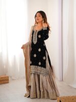 Black Color Chinon Silk Fabric Pearl Work Sharara Suit