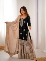 Black Color Chinon Silk Fabric Pearl Work Sharara Suit