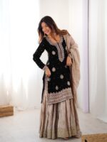 Black Color Chinon Silk Fabric Pearl Work Sharara Suit