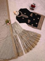 Black Color Chinon Silk Fabric Pearl Work Sharara Suit