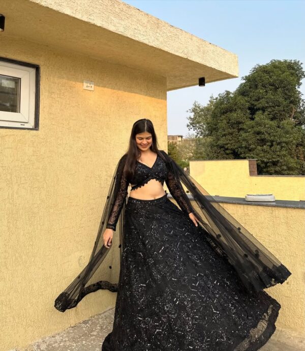 Black Color Faux Georgette Fabric Sequence Work Lehenga