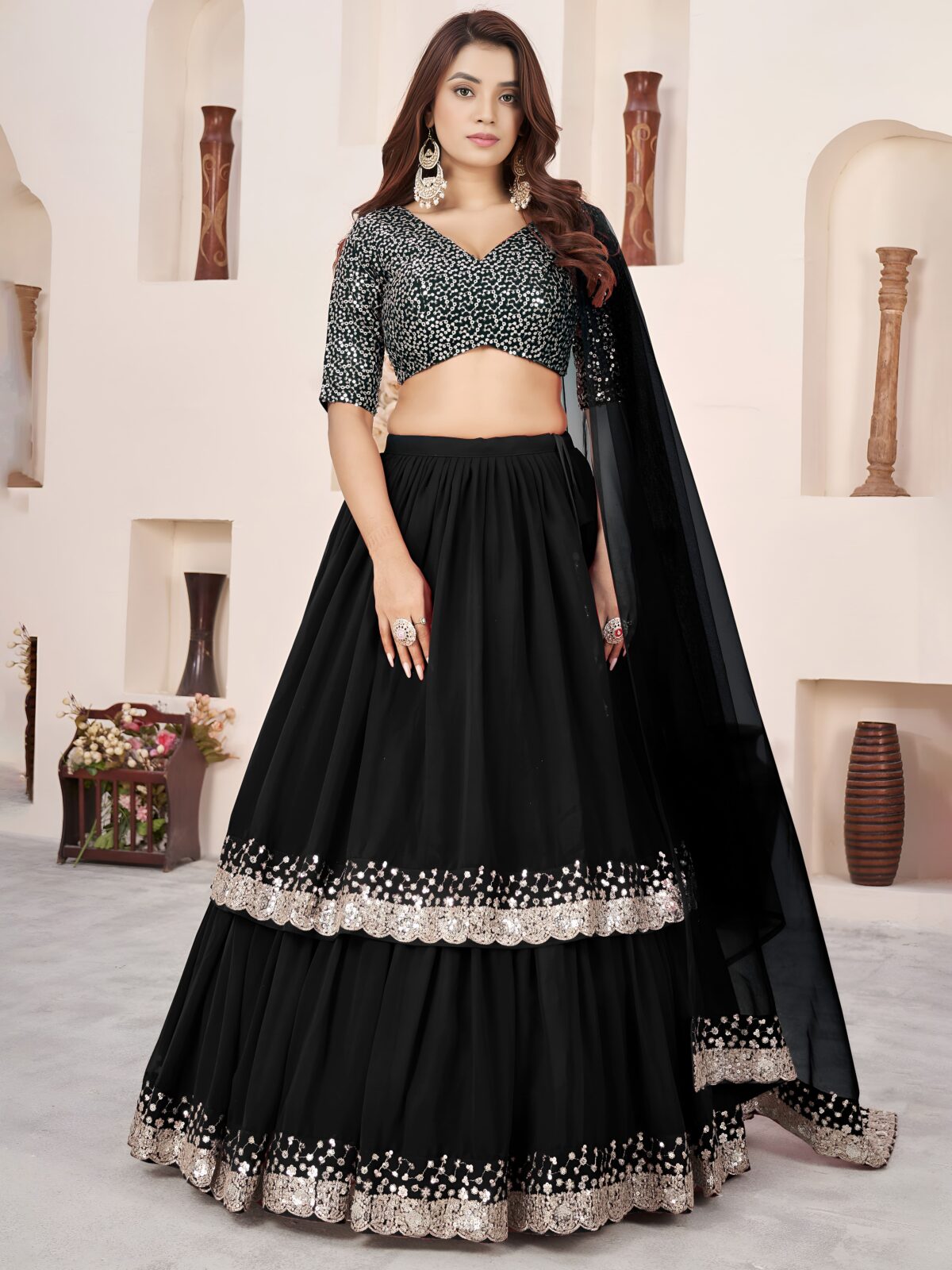 Black Color Georgette Fabric Jari With Sequence Work Lehenga