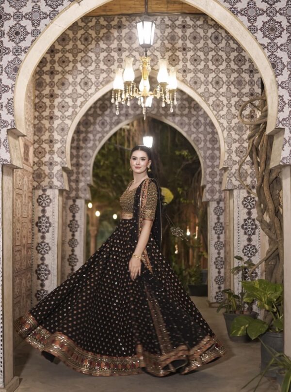 Black Color Poly Silk Fabric Sequence With Jari Work Lehenga