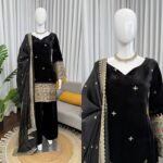 Black Color Velvet Fabric Sequence With Coding Work Palazzo Suit