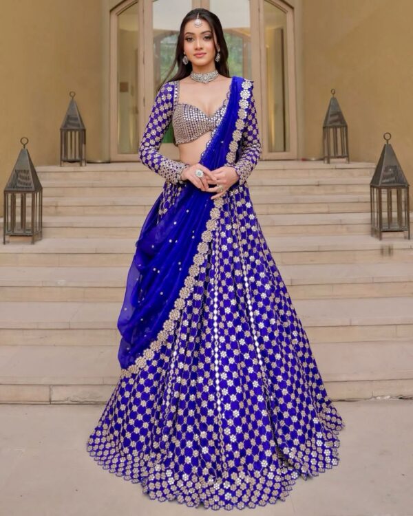 Blue Color Georgette Fabric Foil Mirror Work Sukhmani Gambhir Lehenga