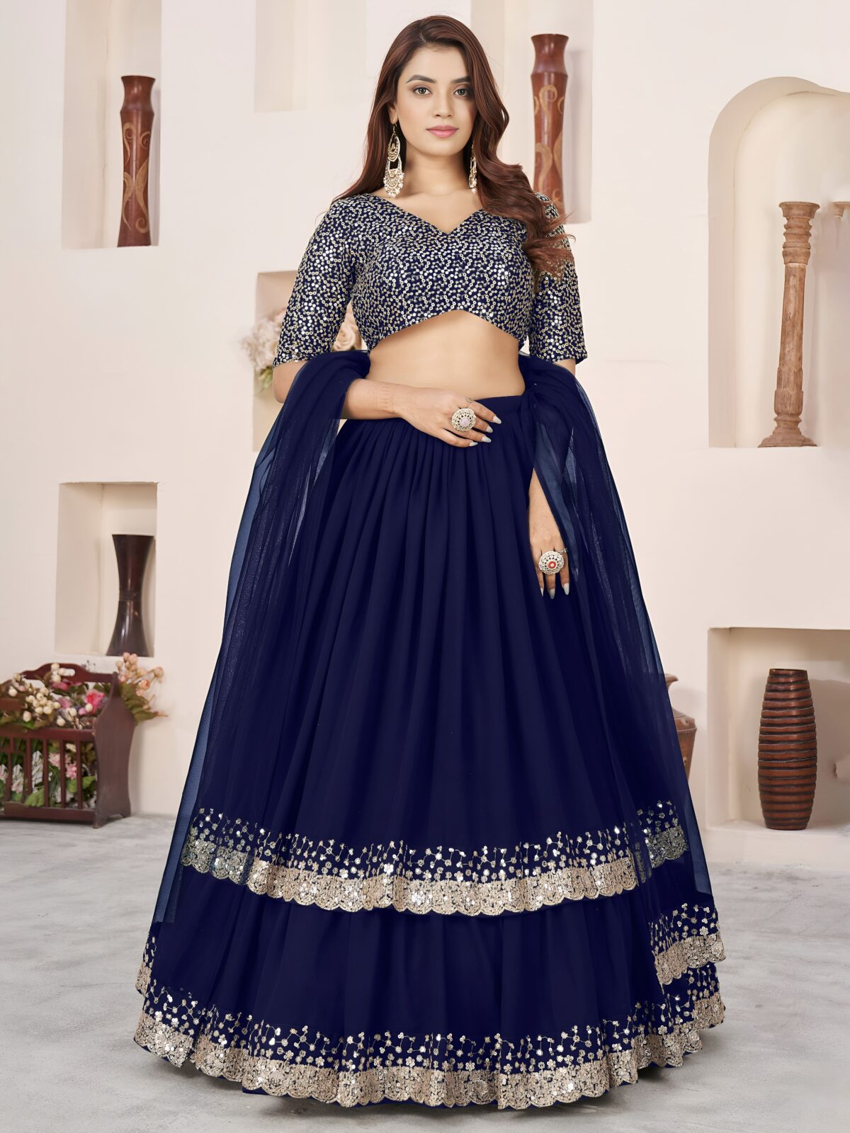 Blue Color Georgette Fabric Jari With Sequence Work Lehenga