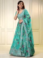 Blue Color Organza Fabric Digital Print Work Lehenga