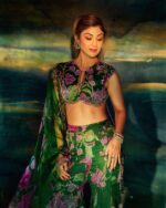 Bollywood Actress Shilpa Shetty Designer Green Tabby Silk Fabric Digital Print Palazzo Set