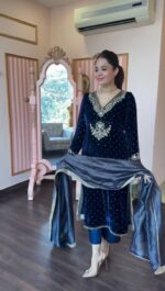Dark Blue Color Viscose Velvet Fabric Pearl Work Suit