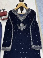 Dark Blue Color Viscose Velvet Fabric Pearl Work Suit