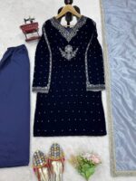 Dark Blue Color Viscose Velvet Fabric Pearl Work Suit