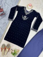 Dark Blue Color Viscose Velvet Fabric Pearl Work Suit