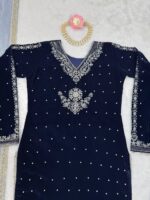 Dark Blue Color Viscose Velvet Fabric Pearl Work Suit