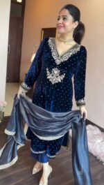 Dark Blue Color Viscose Velvet Fabric Pearl Work Suit