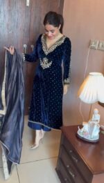 Dark Blue Color Viscose Velvet Fabric Pearl Work Suit
