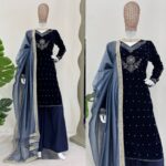 Dark Blue Color Viscose Velvet Fabric Pearl Work Suit