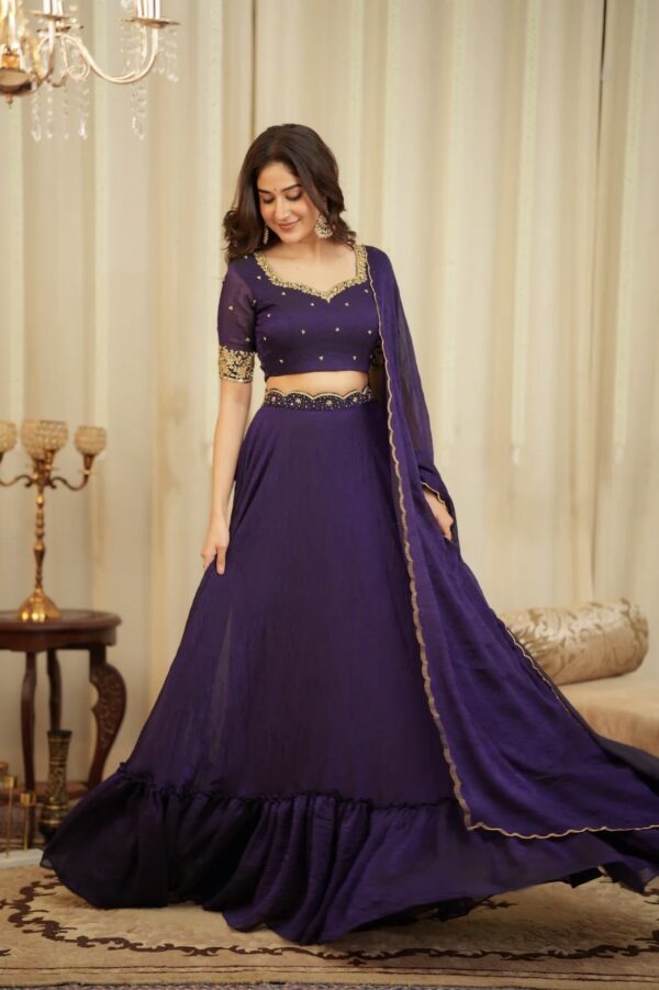 Dark Purple Color Diamond Crush Silk Fabric Sequence Work Lehenga