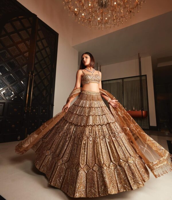 Gold Color Malai Silk Fabric Sequence With Jari Work Lehenga