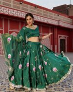 Green Color Baby Satin Silk Fabric Digital Print Lehenga