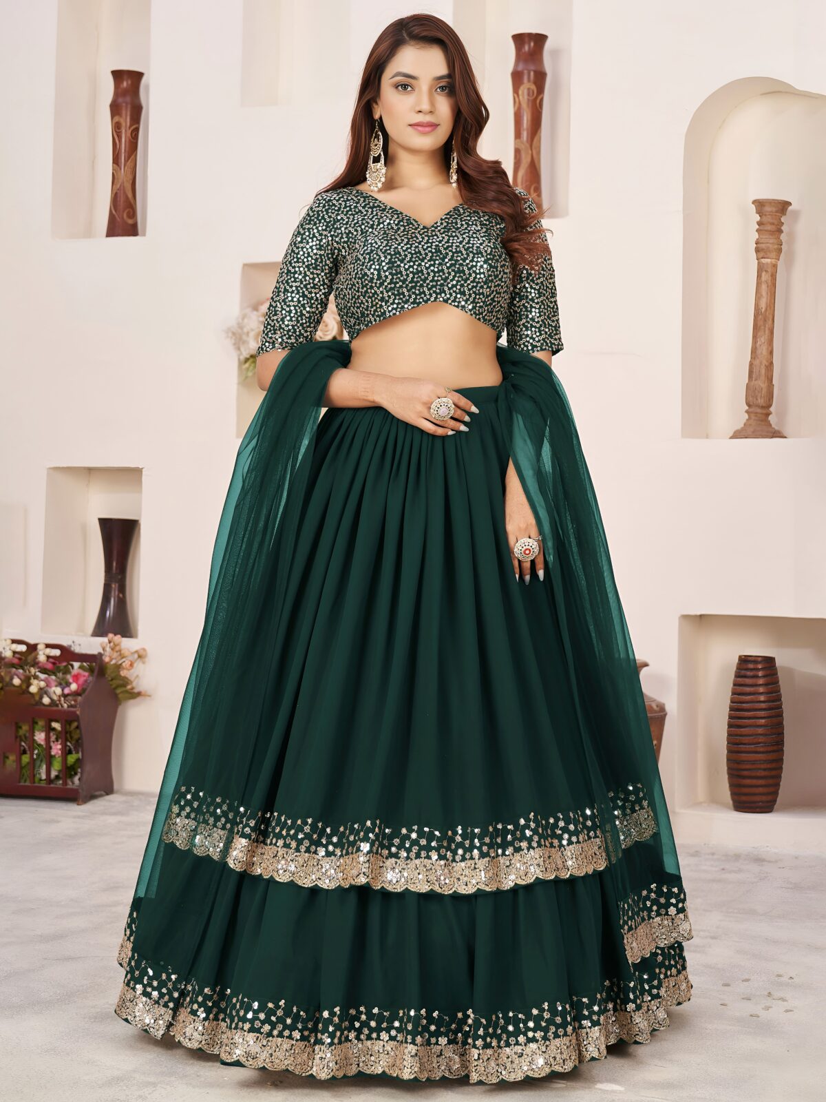 Green Color Georgette Fabric Jari With Sequence Work Lehenga