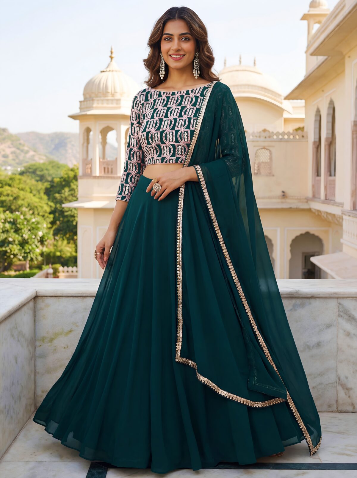 Green Color Georgette Fabric Sequence Work Lehenga