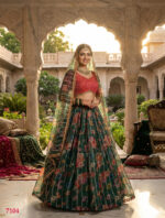 Green Color Organza Fabric Floral Print Work Lehenga