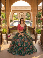 Green Color Organza Fabric Floral Print Work Lehenga