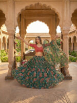 Green Color Organza Fabric Floral Print Work Lehenga