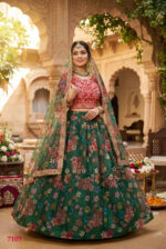 Green Color Organza Fabric Floral Print Work Lehenga