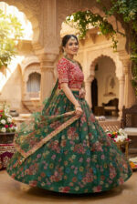 Green Color Organza Fabric Floral Print Work Lehenga