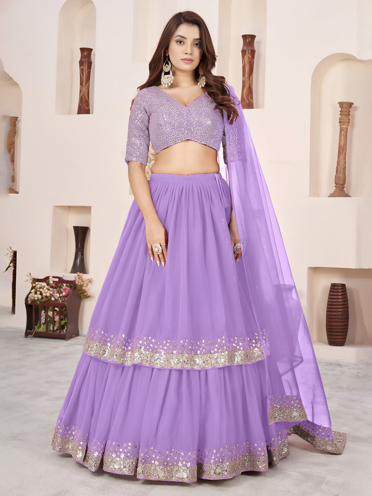 Lavender Color Georgette Fabric Jari With Sequence Work Lehenga