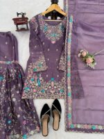Lavender Color Jimmy Choo Fabric Pearl Work Sharara Set