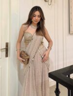 Light Brown Color Faux Georgette Ready To Wear Lehenga Saree