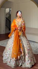 Light Brown Color French Crepe Silk Fabric Sequence With Foil Mirror Work Lehenga