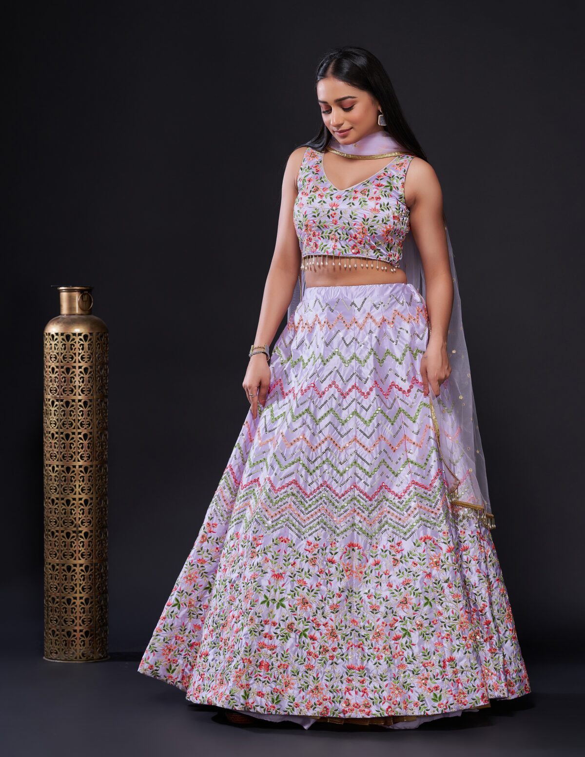 Lilac Color Satin Silk Fabric Sequence With Thread Work Lehenga